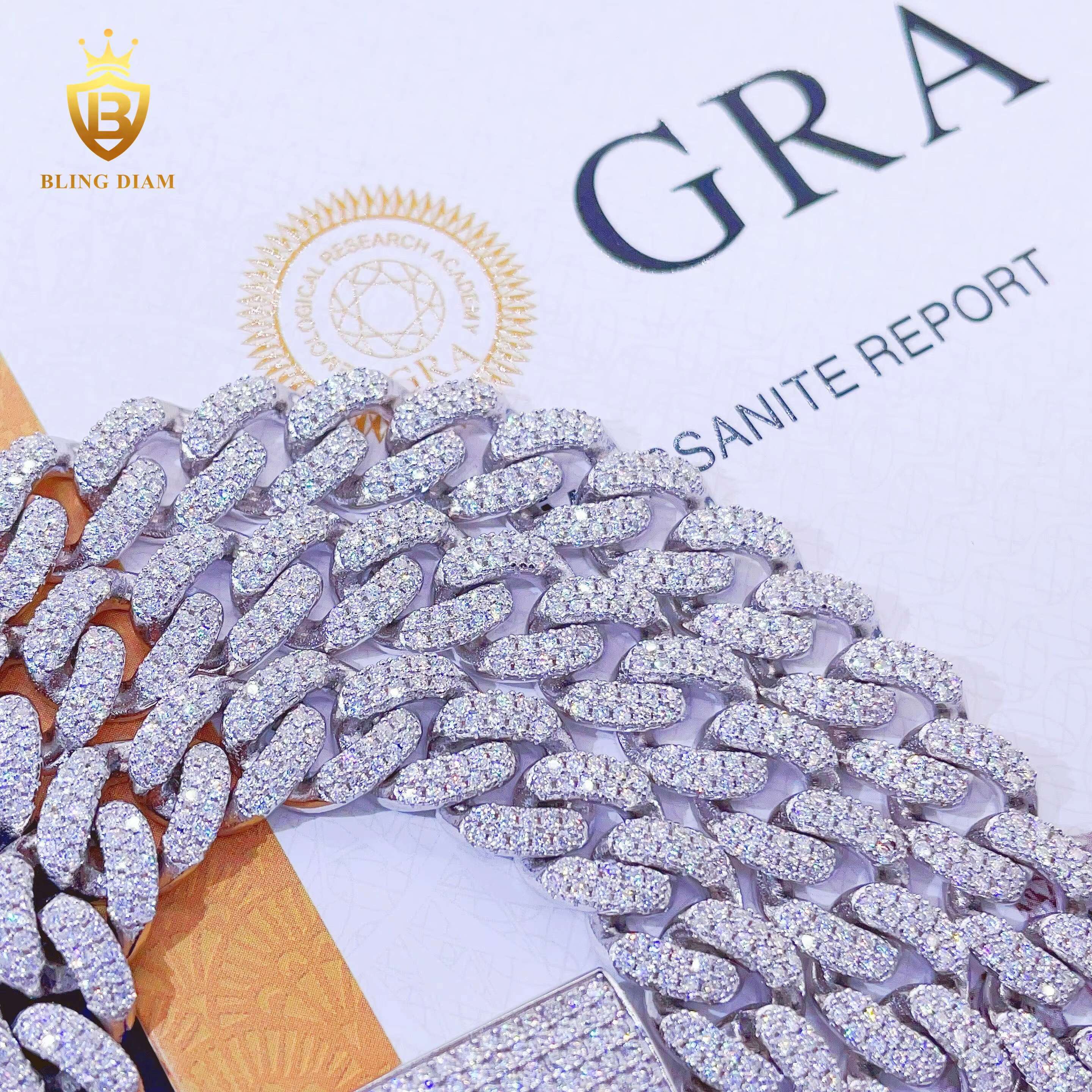 Blingdiam Jewelry Pass Diamond Tester Fashion Men Women 925 Sterling Silver 2rows VVS Moissanite Cuban Link Chain