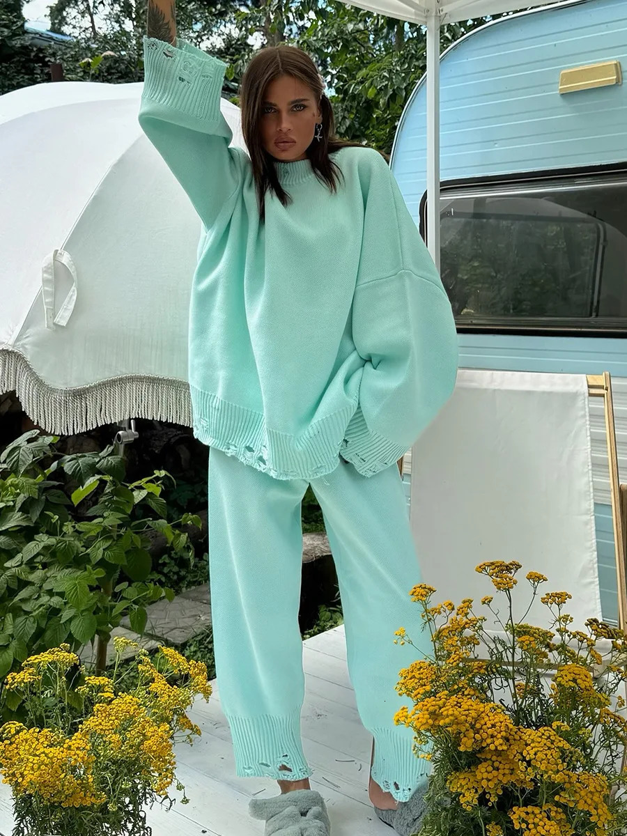 Bornladies Autumn Winter Womens Turtleneck Knit Sweater Skinny Knit Pants Set Soft Oversized Ripped Hem Fashion Pullover 251104