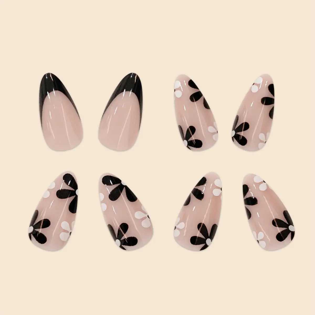 Womens 24pcs Short Pink French Style Waterdrop Black and White Small Flower Simple Versatile Nail Art Fake Nail Set W250410