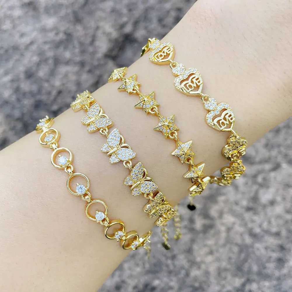 FLOLA Paved Crystal Butterfly Bracelets for Women Copper Zircon Love Letter Star Bracelets Dainty Gold Plated Jewelry brtg01T251110