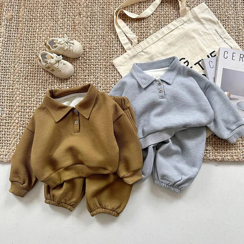 Korean boys winter set fashion plush polo shirtwaffle pants autumn two-piece set womens top and bottom pants set 250409