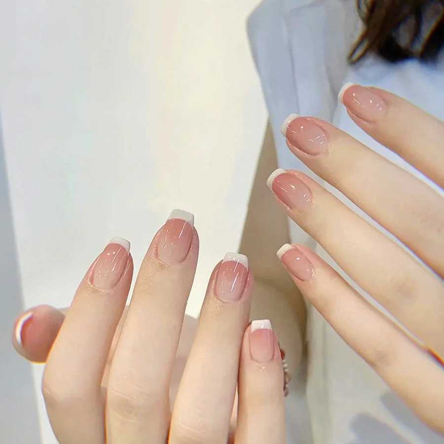 0pcs Pink French Handmade Nails Short French style Handmade Wear Nail for Women Girl Whitening Nail Stickers False Nail W250410