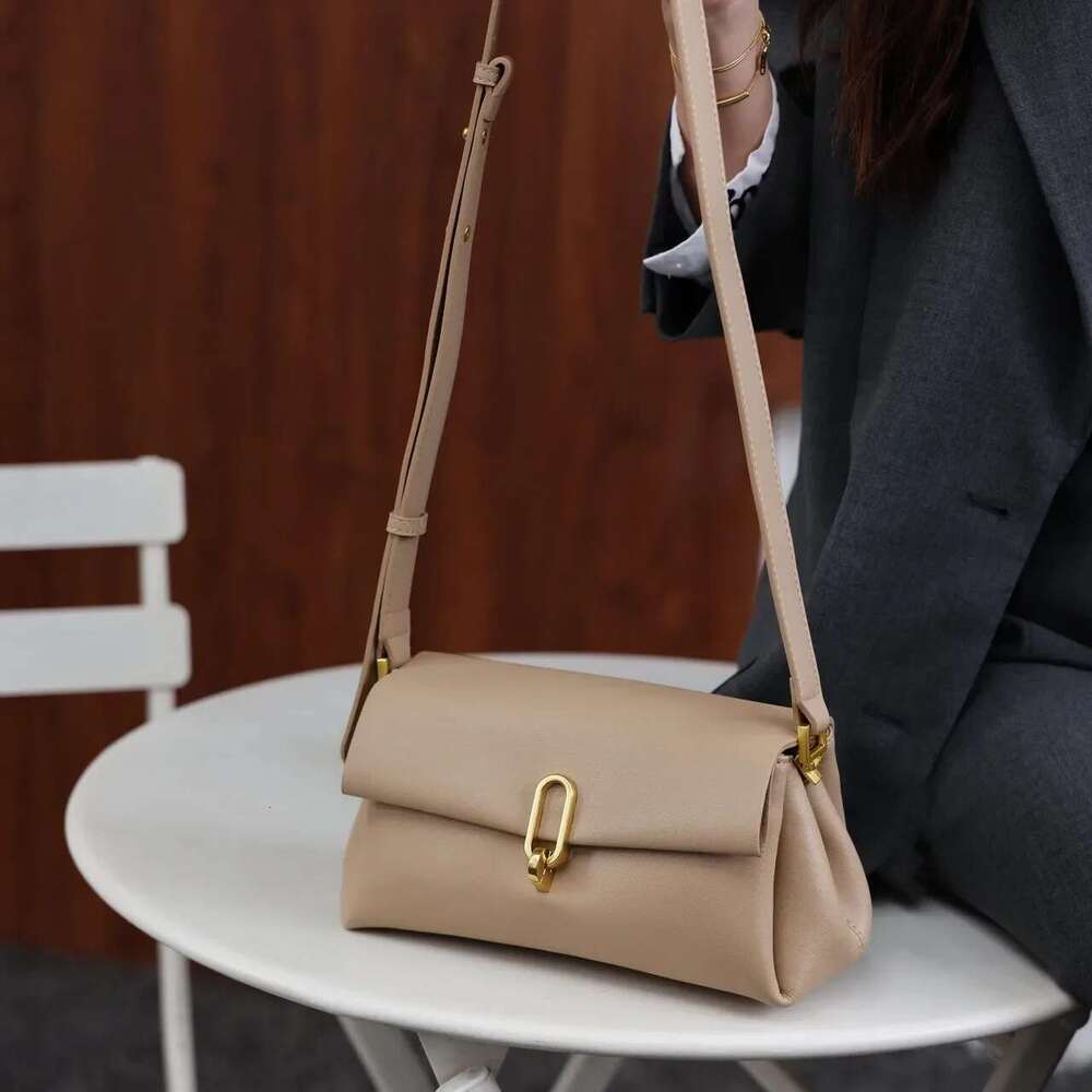 New Multiple Compartments Pockets Flap Small Kakhi Color High-End Split Cow Leather Women's Crossbody Bag