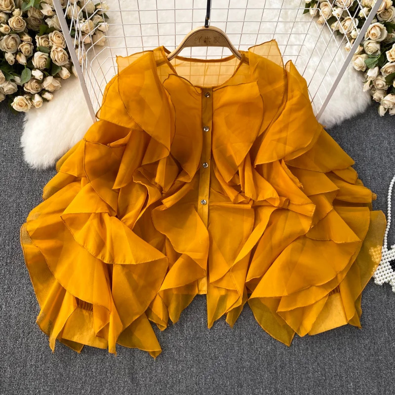 Neploe round neck irregular pleated long sleeved loose single chest shirt French sweet and gentle casual womens clothing 250410