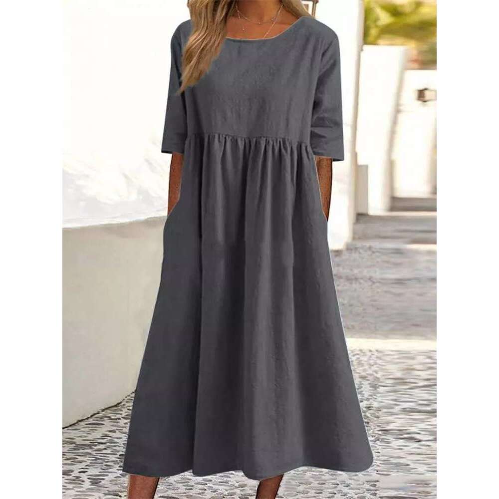 2025 Summer Amazon Independent Station New Cotton Linen Casual Short Sleeve Pocket Ruched Loose Round Neck Dress
