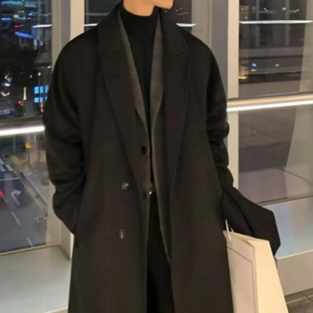Men Long Woolen Coat Lapel Long Sleeve Windbreaker Pockets Solid Color TwoButton Placket Midlength Outwear 251103