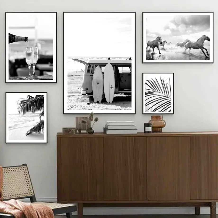 A4 13x18cm 6x8 Black Photo With Nordic Canvas Painting Beach Sea Palm Leaf Boat Horse Picture Poster Frame L251110 H260306