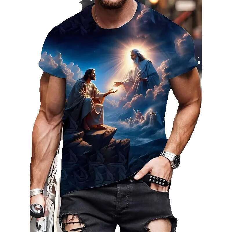 Men's printed short sleeved T-shirt, round neck, quick drying, casual, sporty, plus size, comfortable, summer fashion, Jesus Saint Mary's
