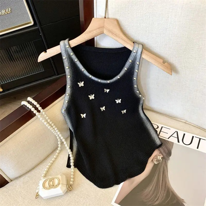 Summer embroidered flame butterfly knitted tank womens ultra-thin O-neck Y2K sleeveless top 250410