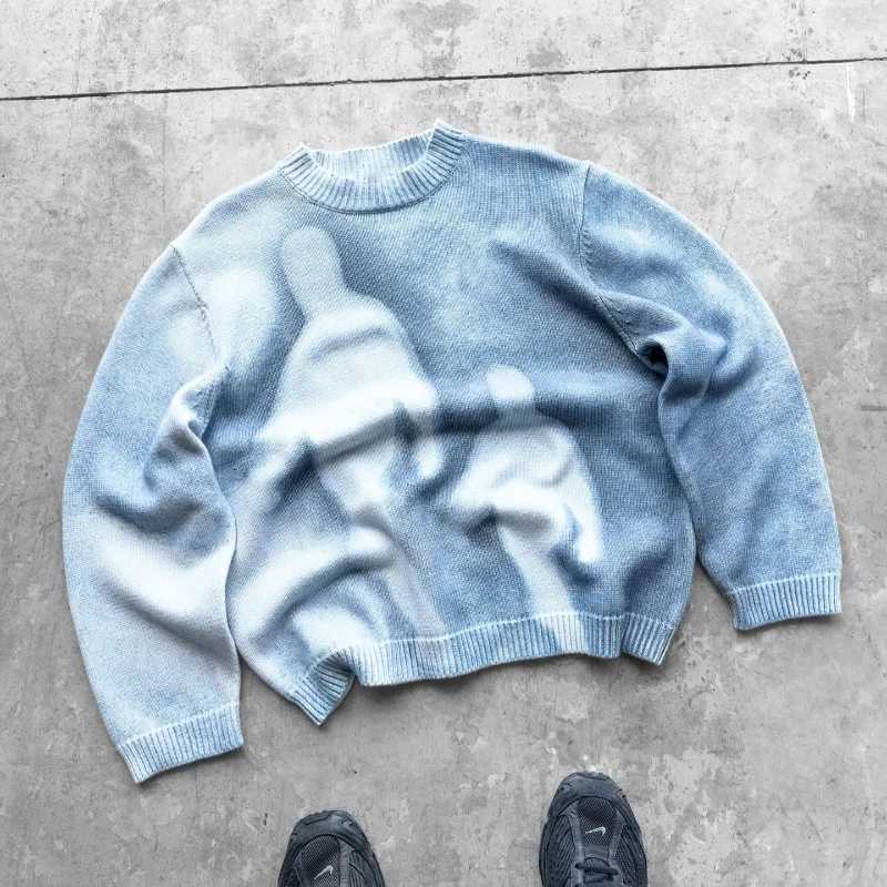 Fashion Gradient Abstract Artistic Portrait Pattern Loose Knit Pullover European High Street Punk Gothic Round Neck Long Sleeve Sweater Y251110