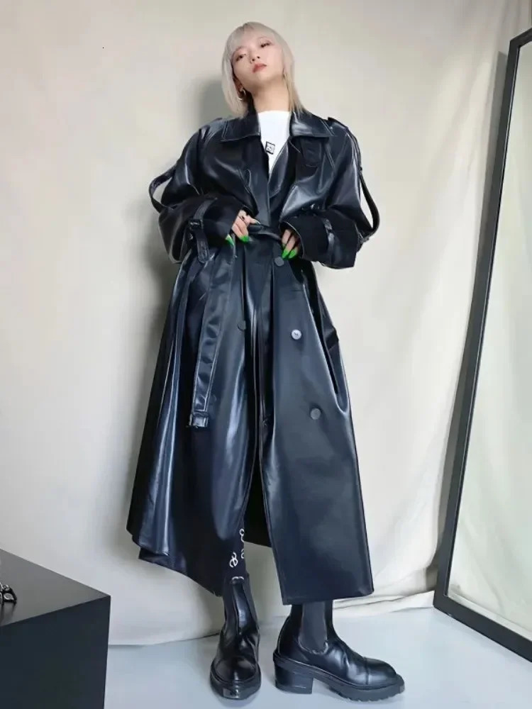 ADAGRIL Black Leather Trench Jacket Womens Retro Bicycle Long Windproof Loose Korean Fashion Autumn Winter Style 250410