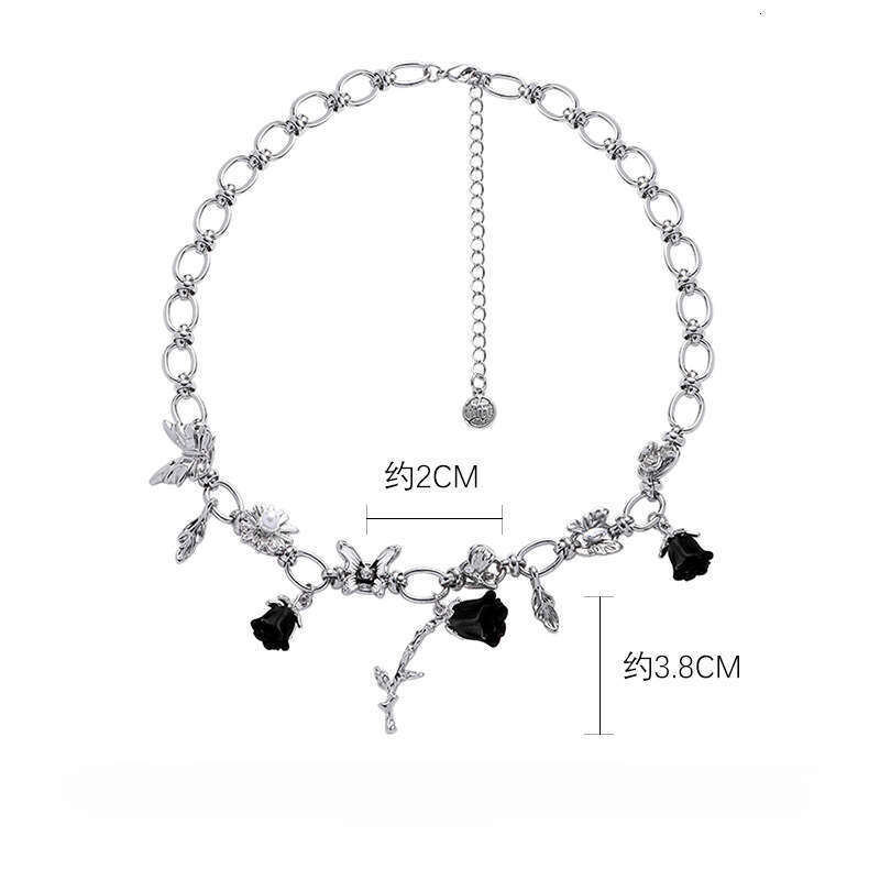 Dark Night Rose Butterfly Fashion Exaggerated High-End Light Luxury Unique Niche Design Sweet Cool Collarbone Chain Necklace