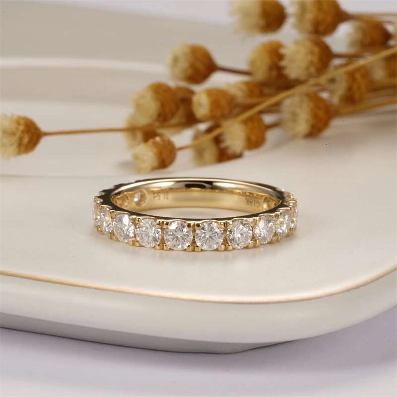CxsJeremy Solid 14K 585 Yellow Gold 3MM Round Cut Moissanite Wedding Band Vintage 3/4 Eternity Stacking Anniversary Gifts