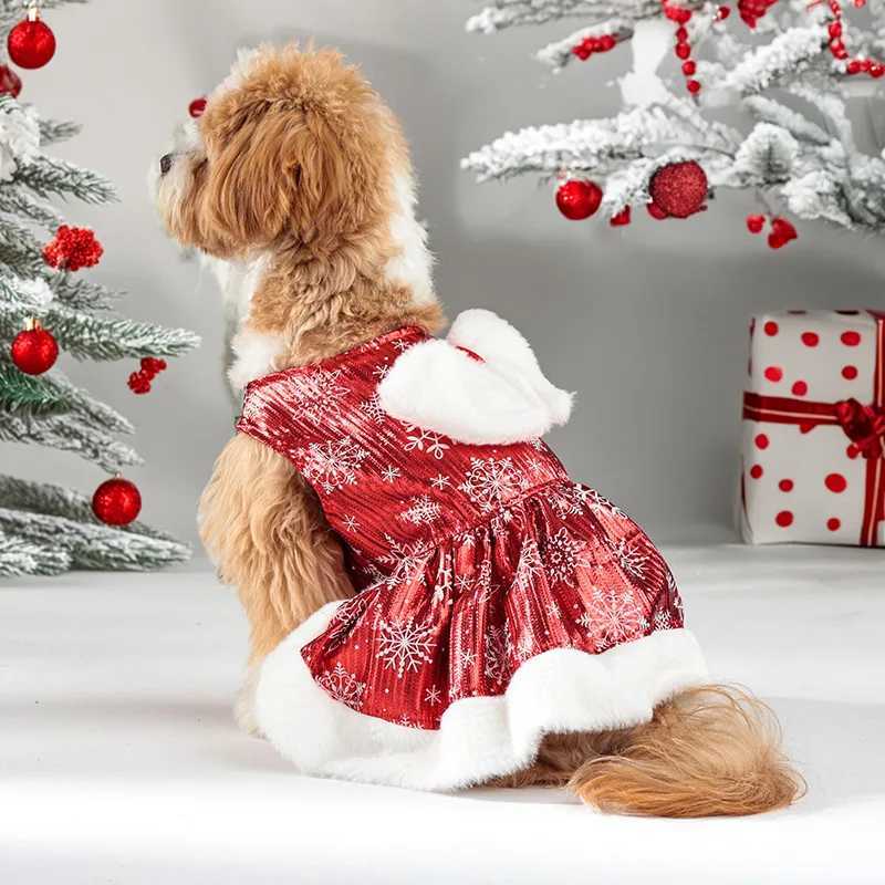 Christmas Dog Dress with Bow Faux Fur Trim Red Snowflake Winter Outfit Warm Velvet Pet Clothing for Small/Medium Dogs J251110
