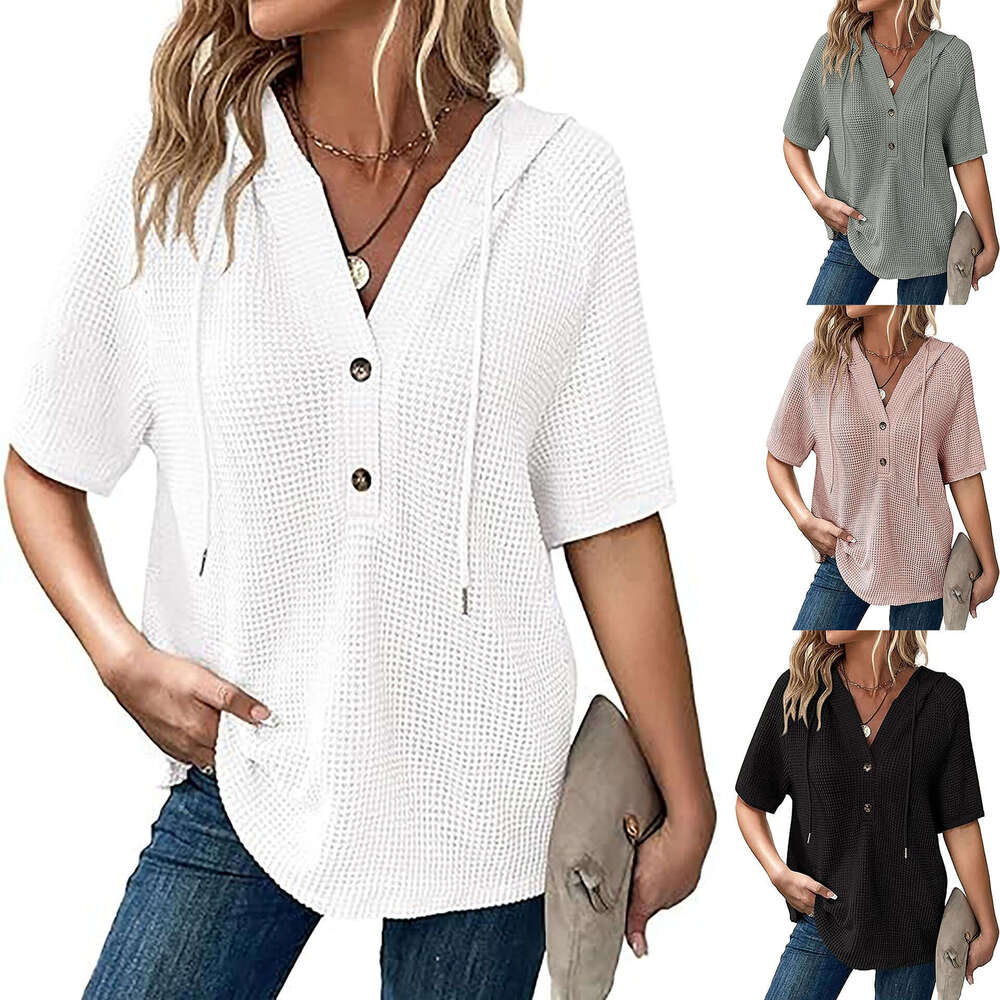 2025 Women's Summer Waffle Knit Short Sleeve Top Lightweight Drawstring Hoodie Button V-Neck Shirt
