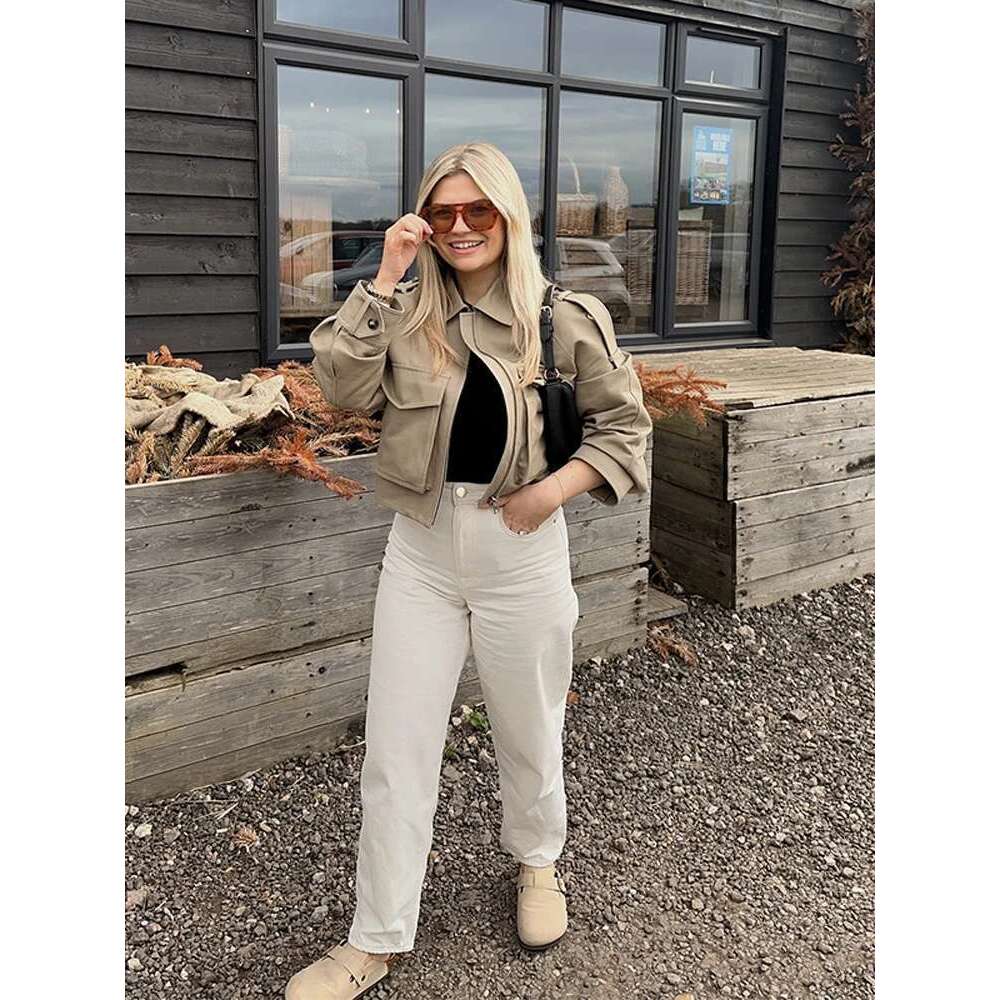 Vintage Women's Short Jacket Pockets Zipper Full Sleeve Khaki Green Thick Coats 2025 Spring Autumn Lady Loose Street Outwear