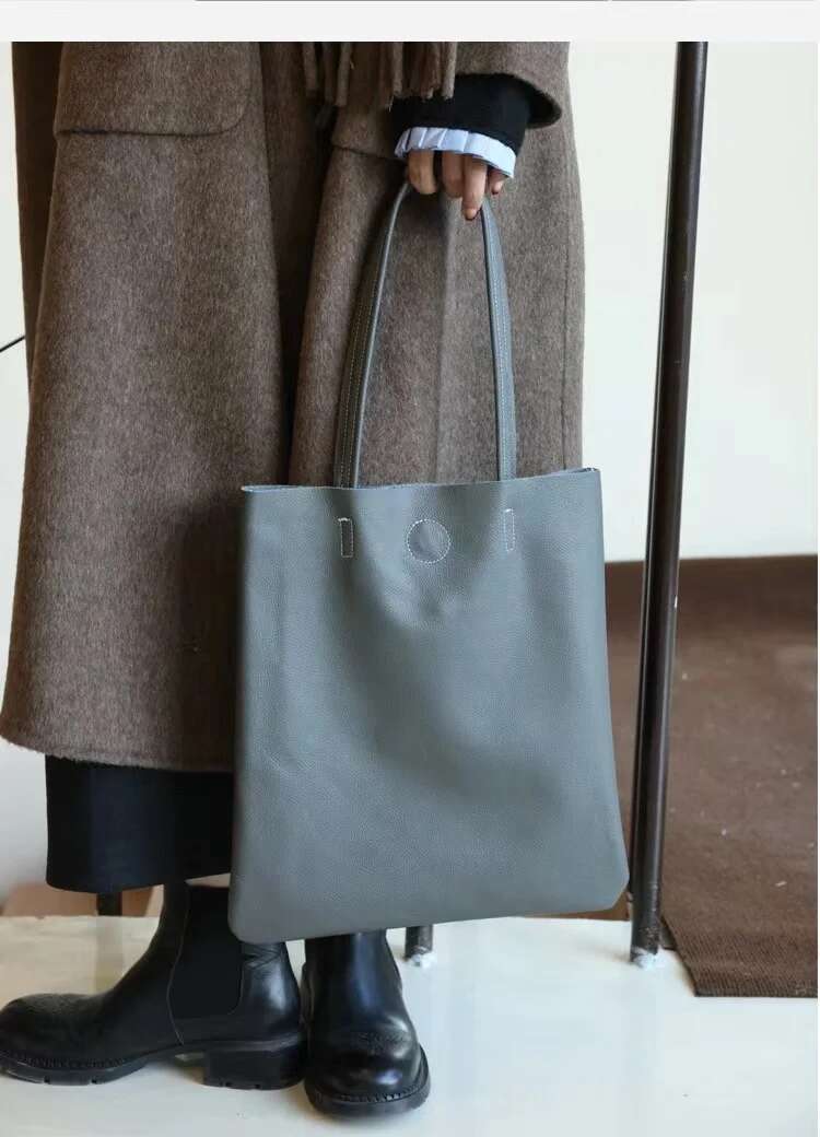 New Genuine Leather Women Tote Simple Girl Large Solid Soft Cowhide A4 Female Shopper Handbag Student Casual Shoulder Bag