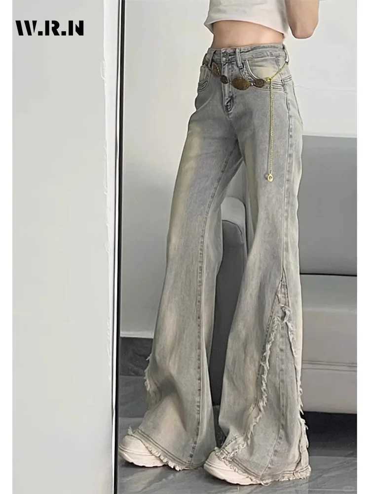 Vintage Casual Trashy Flared Pants Womens Y2K Tassels Full Length Denim Trouser Street Retro Grunge 2000s High Waist Jeans C251110