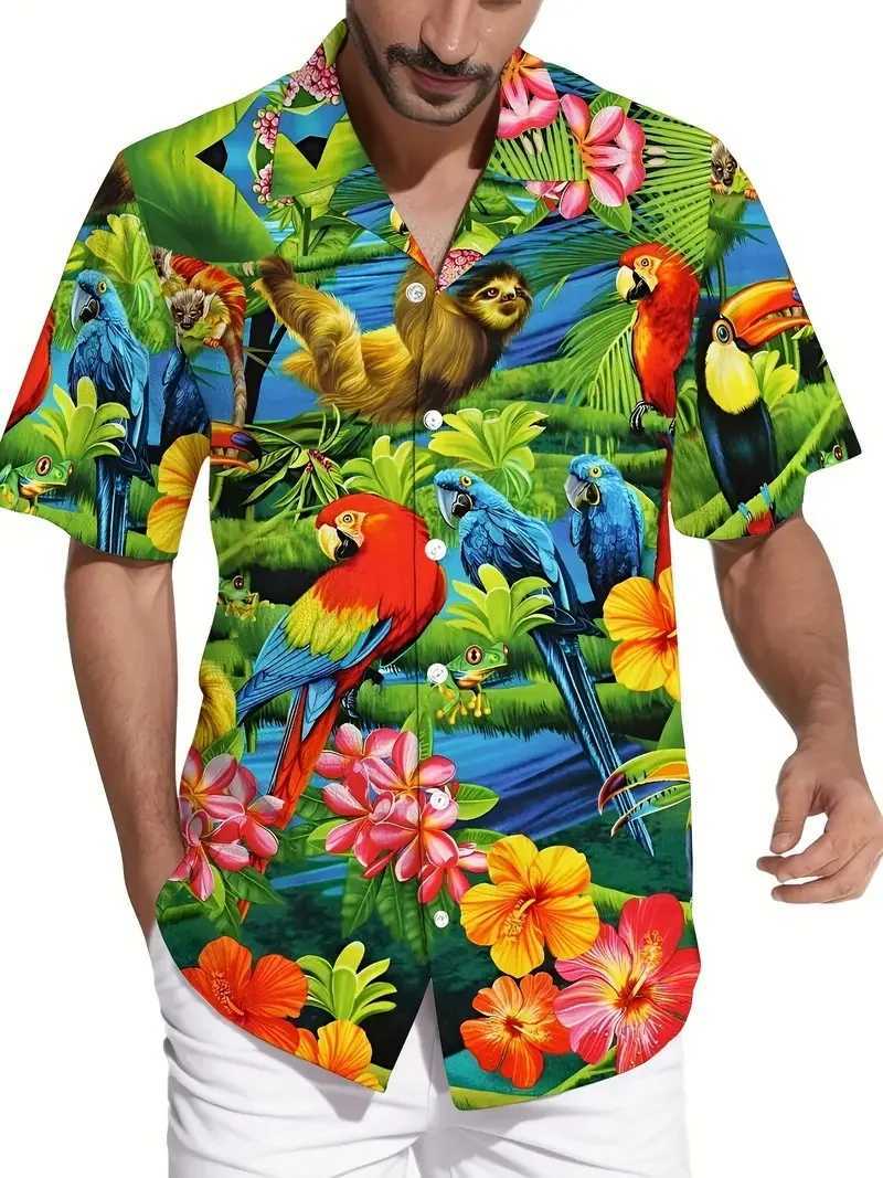 Mens Vitality Parrot Tropical Printed Hawaiian Shirt Casual Short Sleeve Button Beach Shirt Mens Summer Vacation X250410