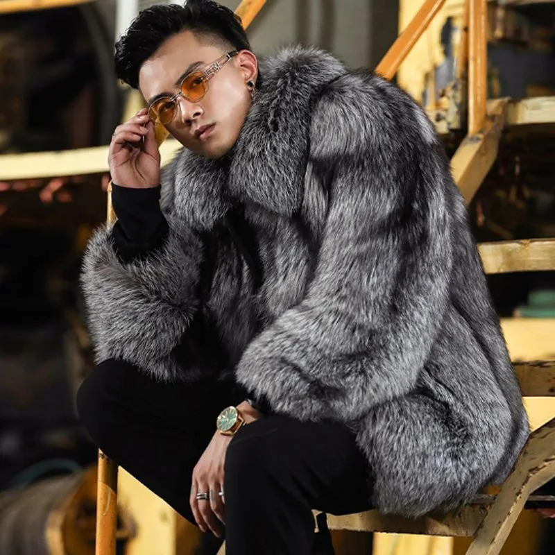 Mens Autumn Winter Fluffy Business Casual Silver Fox Fur Jacket Faux Fur Coats Fashion Charming Warm Tops 251105