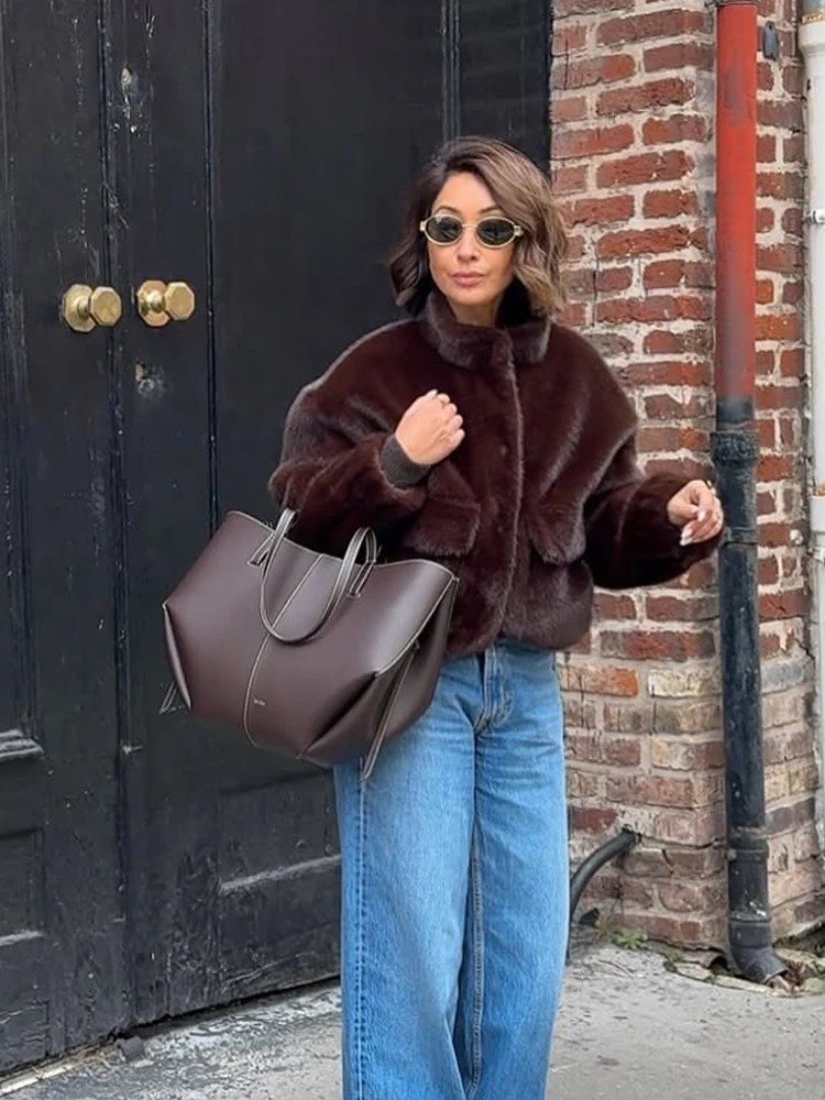 Solid Women Chic Faux Fur Short Jacket Casual Single Breasted Stand Collar Loose Warm Jackets Lady Winter Daily High Street Coat 251110