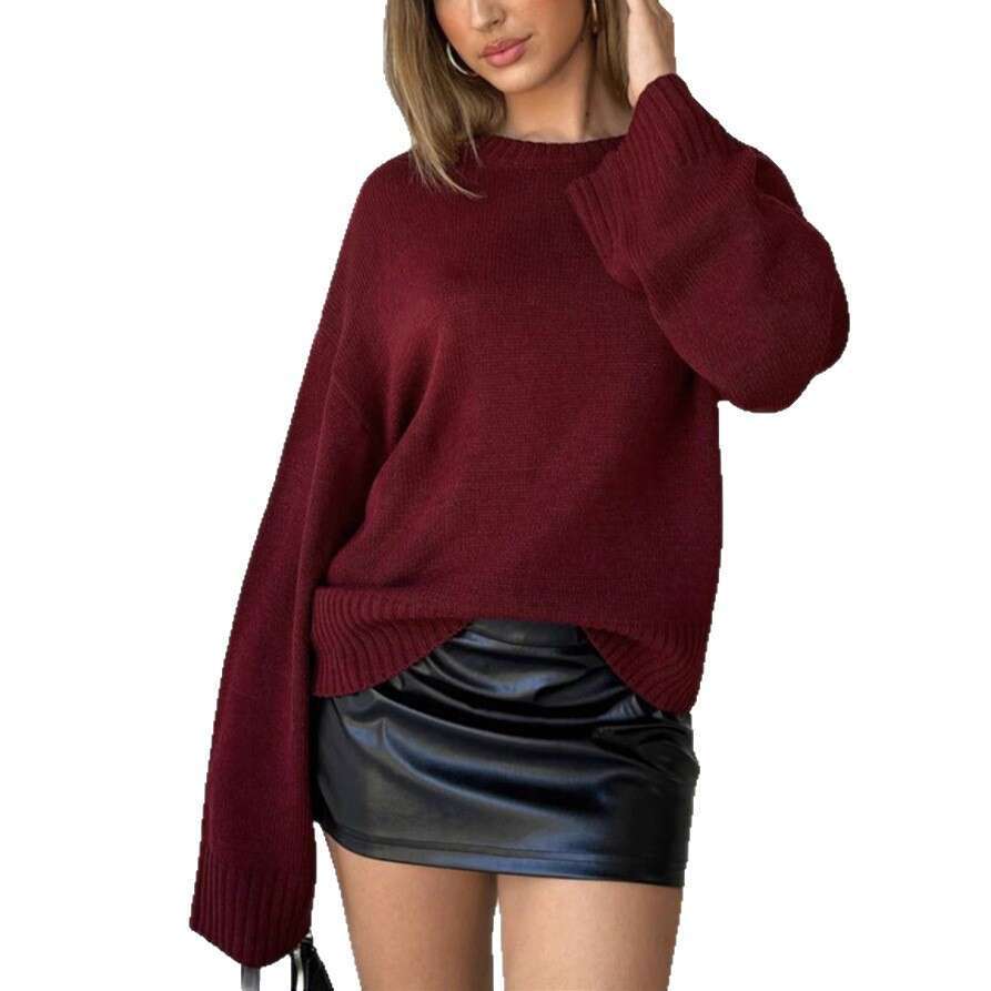 European and American Style Winter New Round Neck Wide Cuff Pullover Loose Solid Color Long Sleeve Versatile Knitted Sweater for Women