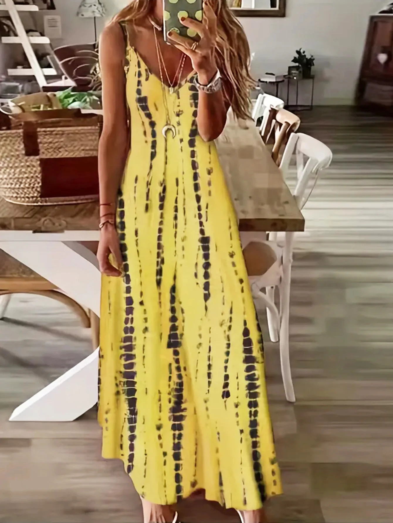 Womens casual loose V-neck tie dye printed spaghetti long skirt for summer beach vacation 250409