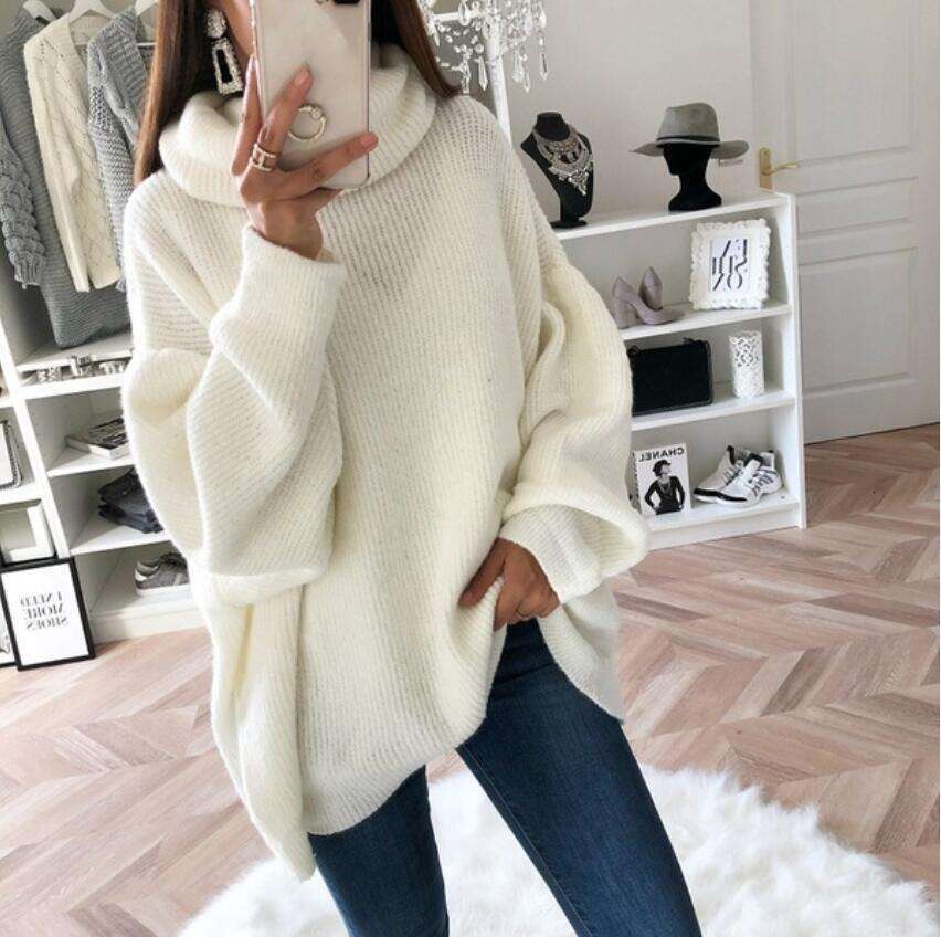 2024 European and American Women's Amazon Solid Color High Neck Knitted Pile Collar Plus Size Loose Cross-Border Sweater for Women