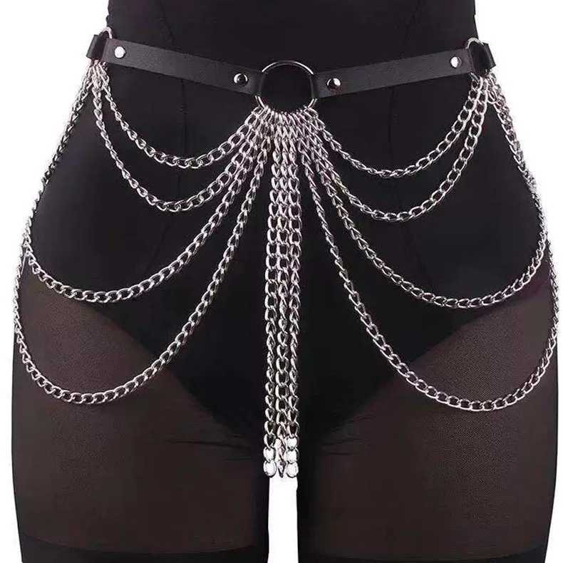 Sexy Wen Gothic hip-hop belt with chain Harajuku punk style Jk waist adjustable disco dance Pu dress jeans belt X250410