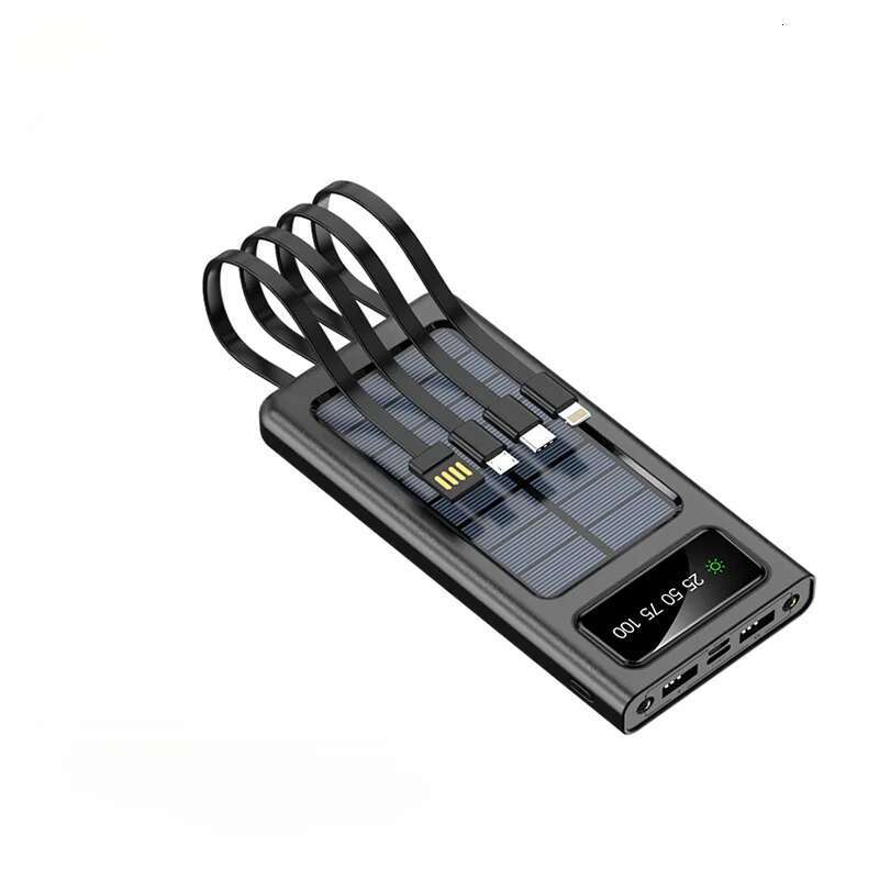 2000000mAh Solar Portable 4 Built-in Cables External Battery LED Light Power Bank For Xiaomi Samsung