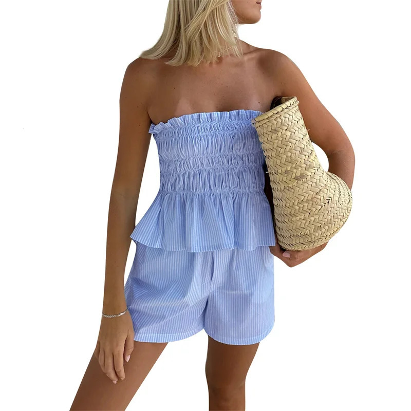 Lamuusaa 2-piece y2k set womens summer striped print Ruched Bandeau tube top and loose shorts 2000s streetwear 250409