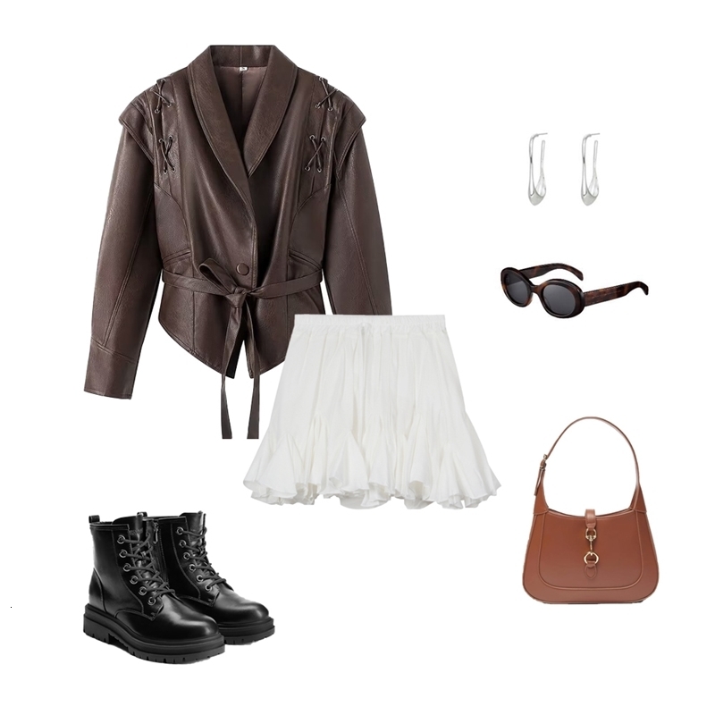 Suninheart Autumn and Winter Faux Leather Jackets for Women Dropped Shoulder Oversized Jacket Coat Belted Corset 251105