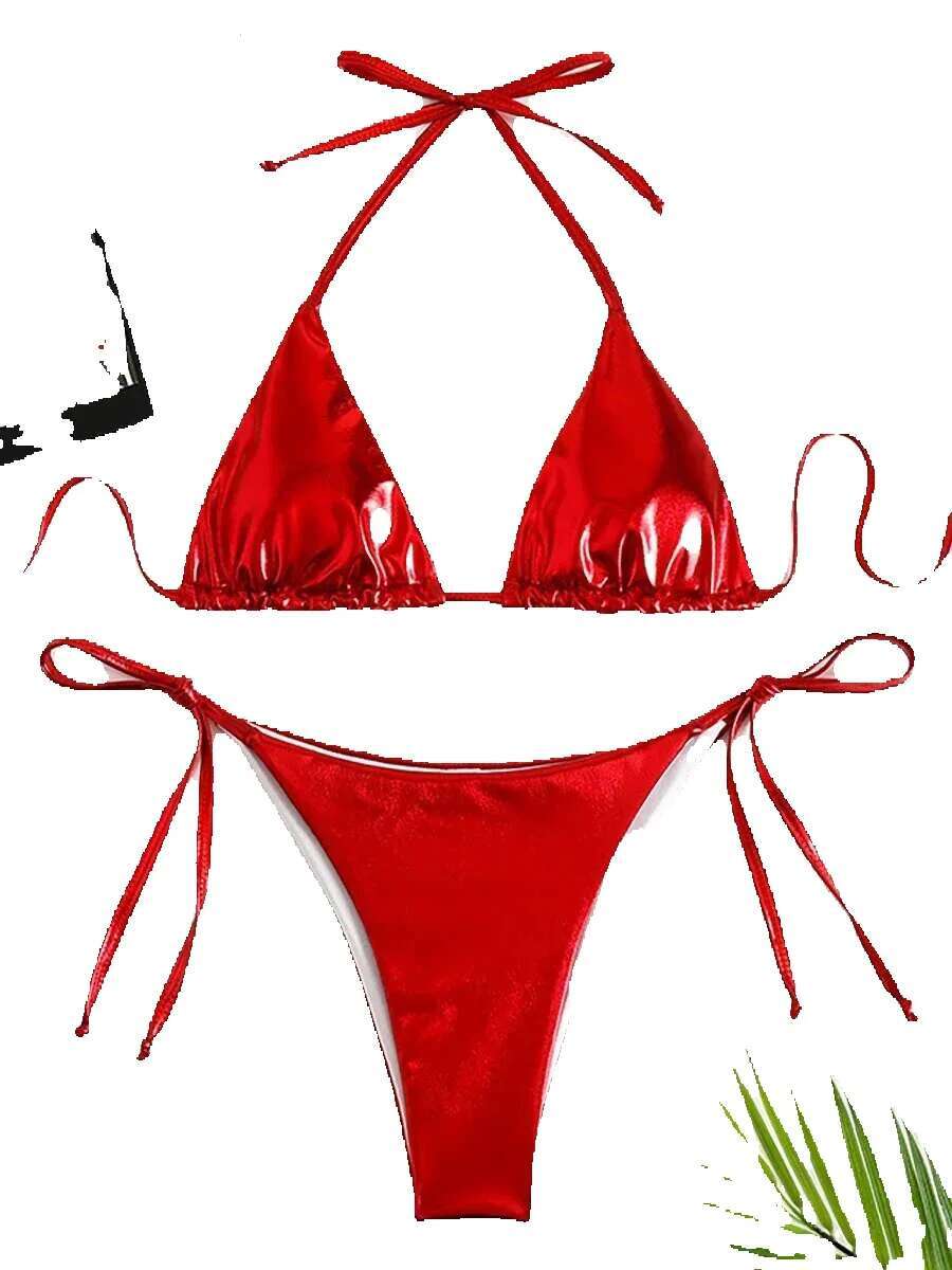 Sexy metal camisole lace up set triangle tie side bikini 2025 Brazilian women's swimsuit