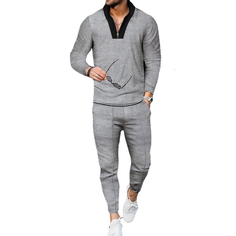 Mens waffle long sleeved patchwork stand up collar set fashionable casual sports set for men