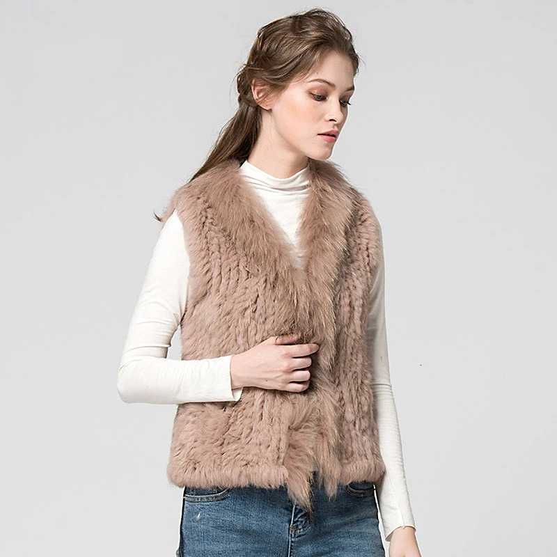 VT7008 Womens Natural Real Rabbit Fur Vest With Raccoon Collar Waist Coat Knitted Winter Jacket 251110