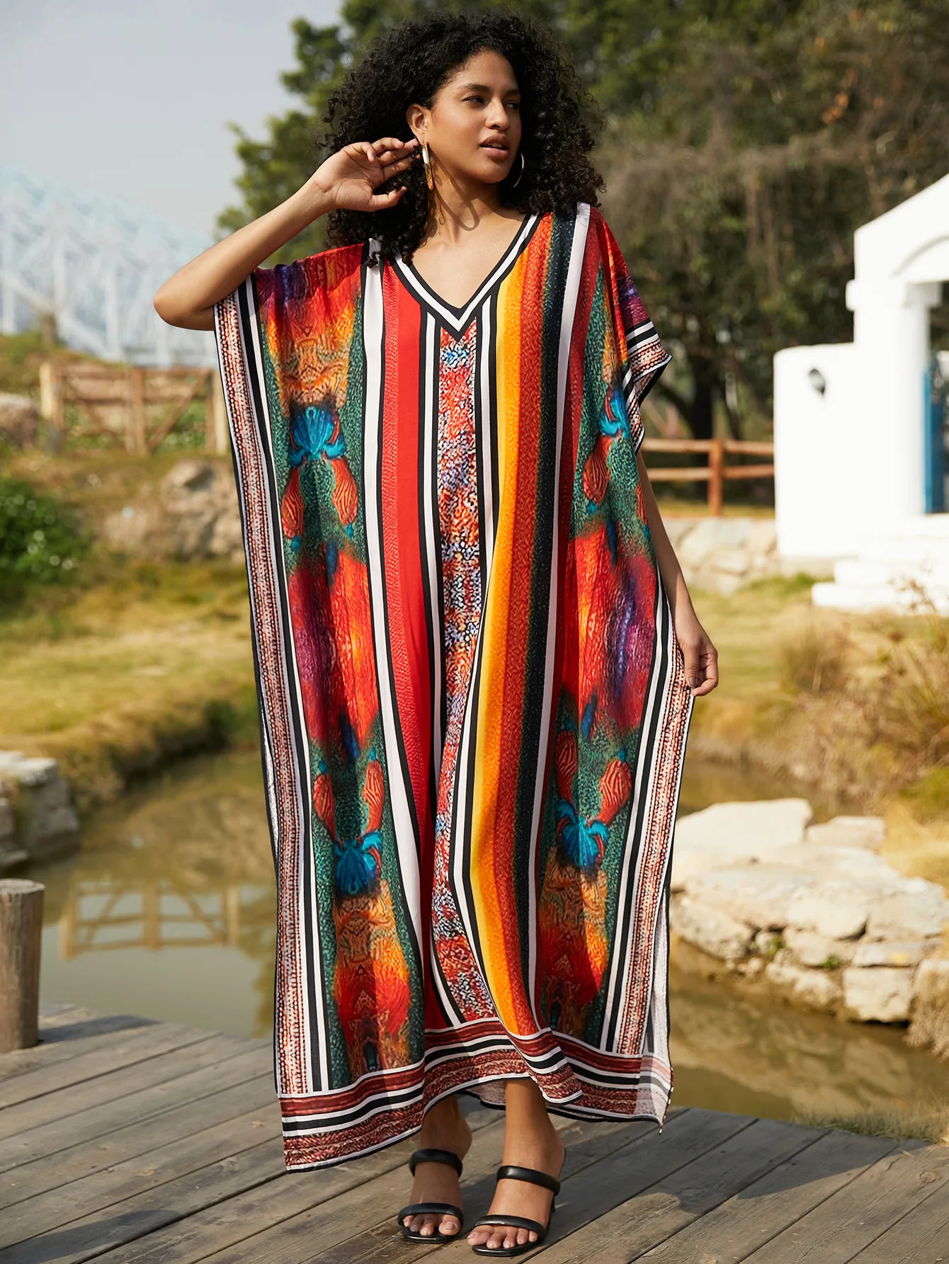 Womens Maxi dress retro print beach Kaftans swimsuit hooded summer holiday factory supply direct shipment 250408
