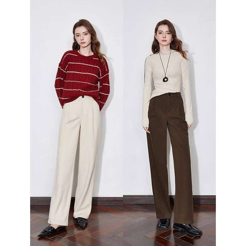 TOYOUTH Women Casual 2025 Autumn And Winter New Mid Waist Workwear Style Straight Woolen Pants