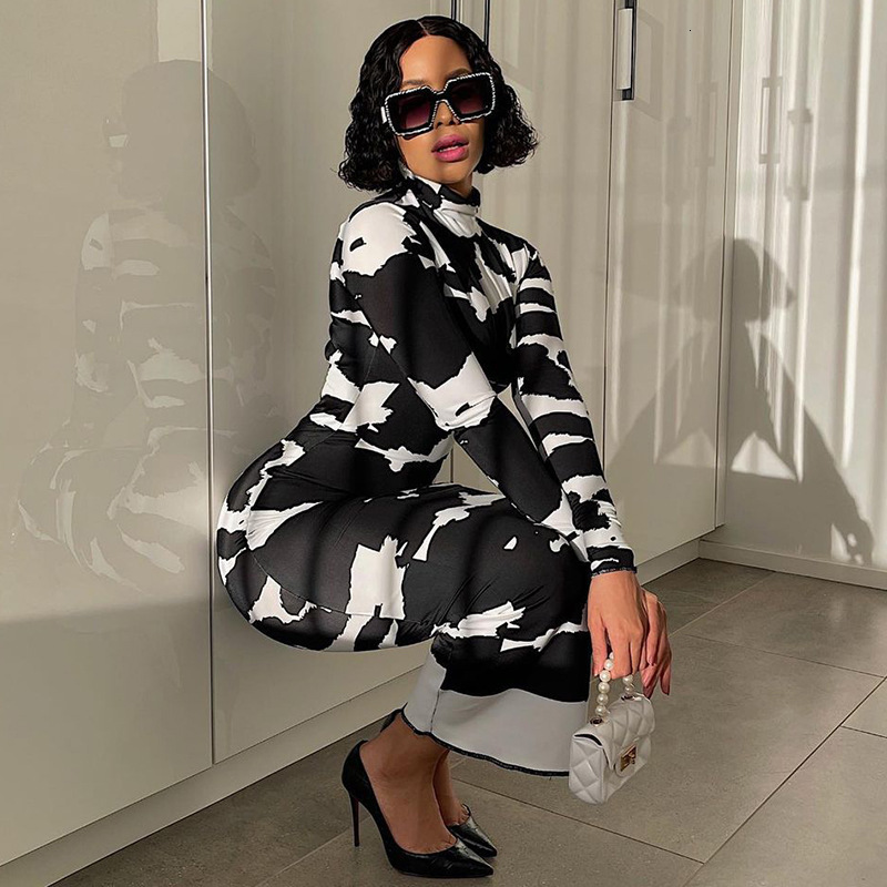 Women's 2025 Spring New Fashion Print High Neck Long Sleeve Slim Fit Dress