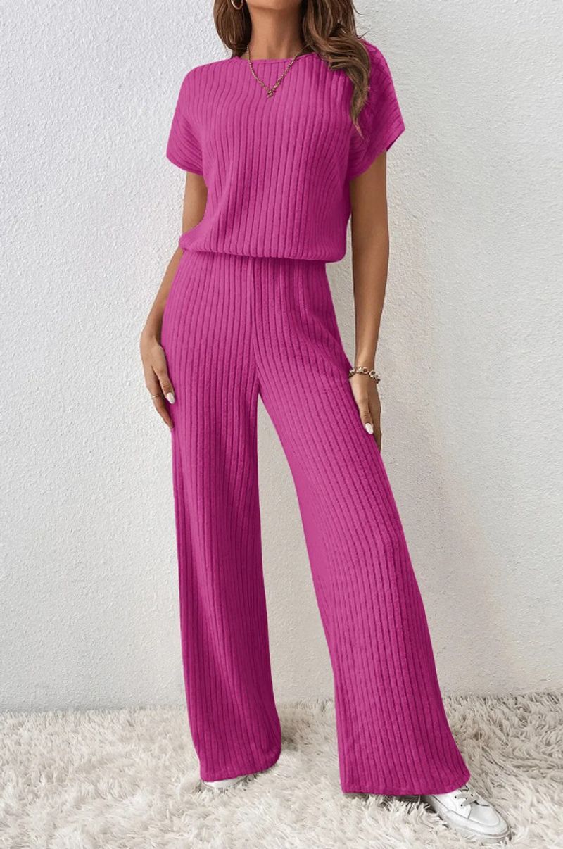 Women's New Solid Color Fine Pit Fashion Shoulder Short-Sleeved Knitted Top Trousers Two-Piece Suit