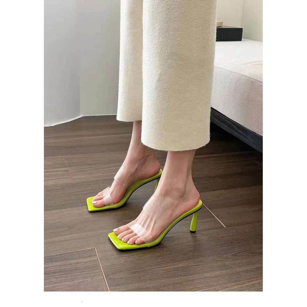Woman Sandals Transparent Square Toe Temperament High Heeled Sandals For Women S Summer And Autumn New Style One Line Slim Heel Sandals Fairy Style Cr