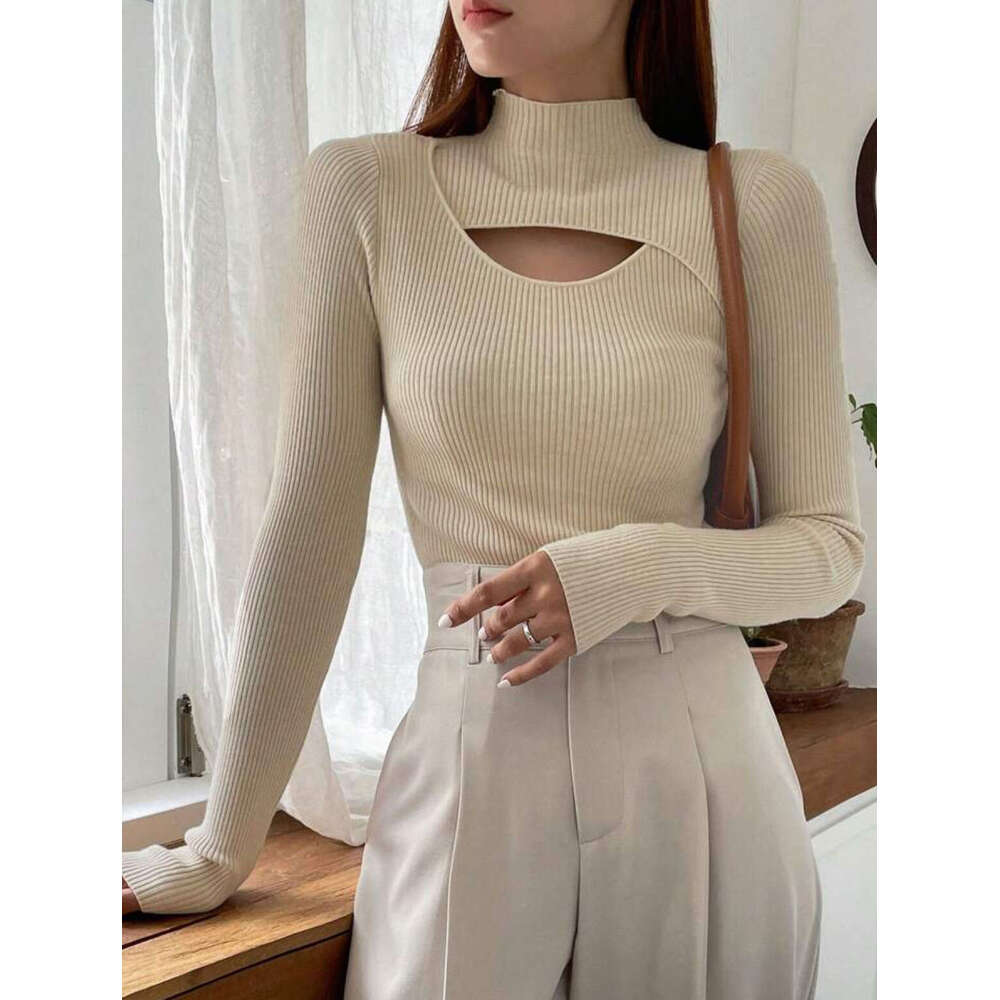 Half Turtleneck Sweater for Women, Autumn and Winter, New Cross-Border Foreign Trade, Hollow Knitted Sweater, Stylish Inner Layer, Mid-Neck Base Shirt