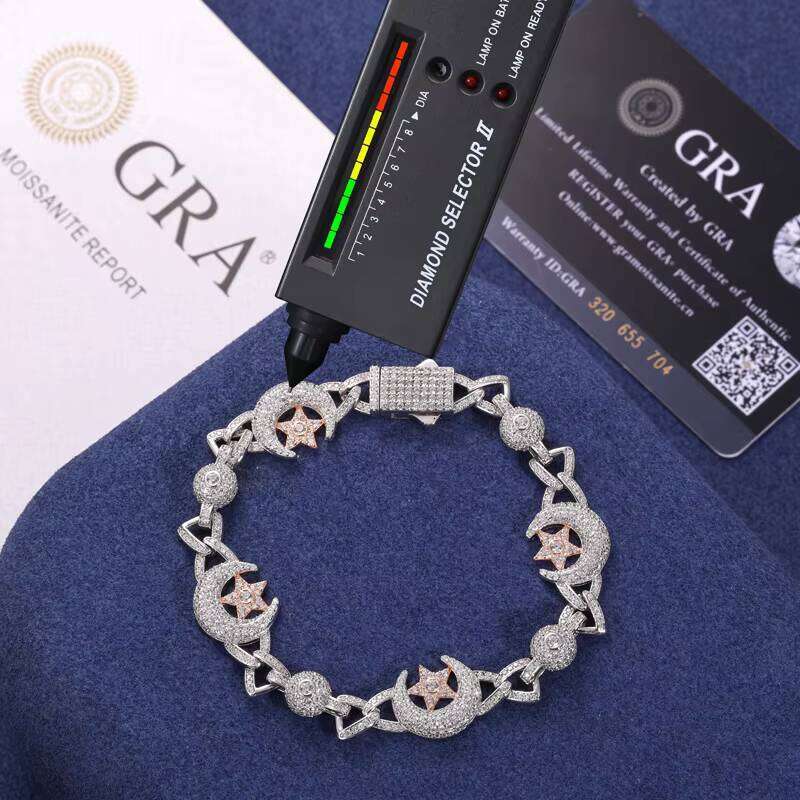 New Arrival Special Design 13mm Star Moon 925 Sterling Silver Moissanite Hip Hop Cuban Chain Bracelet