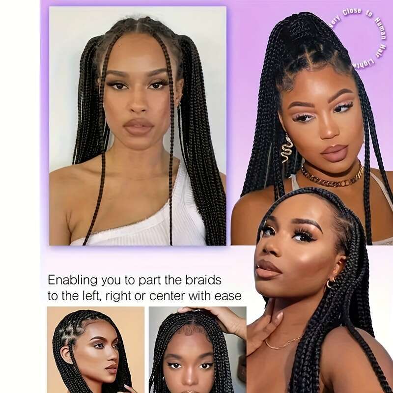 36-Inch Full Lace Braided Wig - Knot-Free Box Braided, Easy To Wear, High-Temperature Fiber, Straight Hair, Elegant Style, For All Occasions