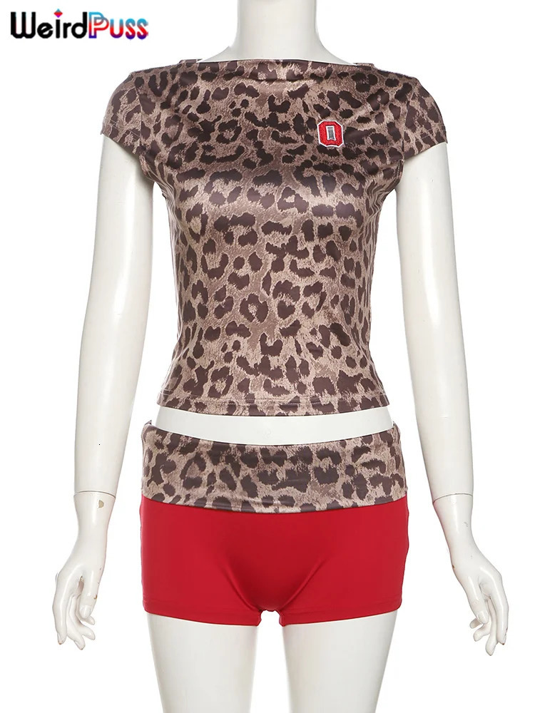 Weird Puss Leopard Print Womens 2-piece Tracksuit Sexy Short Sleeve Cutting TopShorts Elastic Matching Club Clothing Ultra Thin Set 250409
