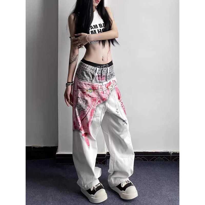 ZHIZOU Women White Gothic Print Jeans Baggy Vintage Aesthetic Cowboy Pants Harajuku Denim Trousers Y2k Trashy 2000s Clothes 2025 C251110