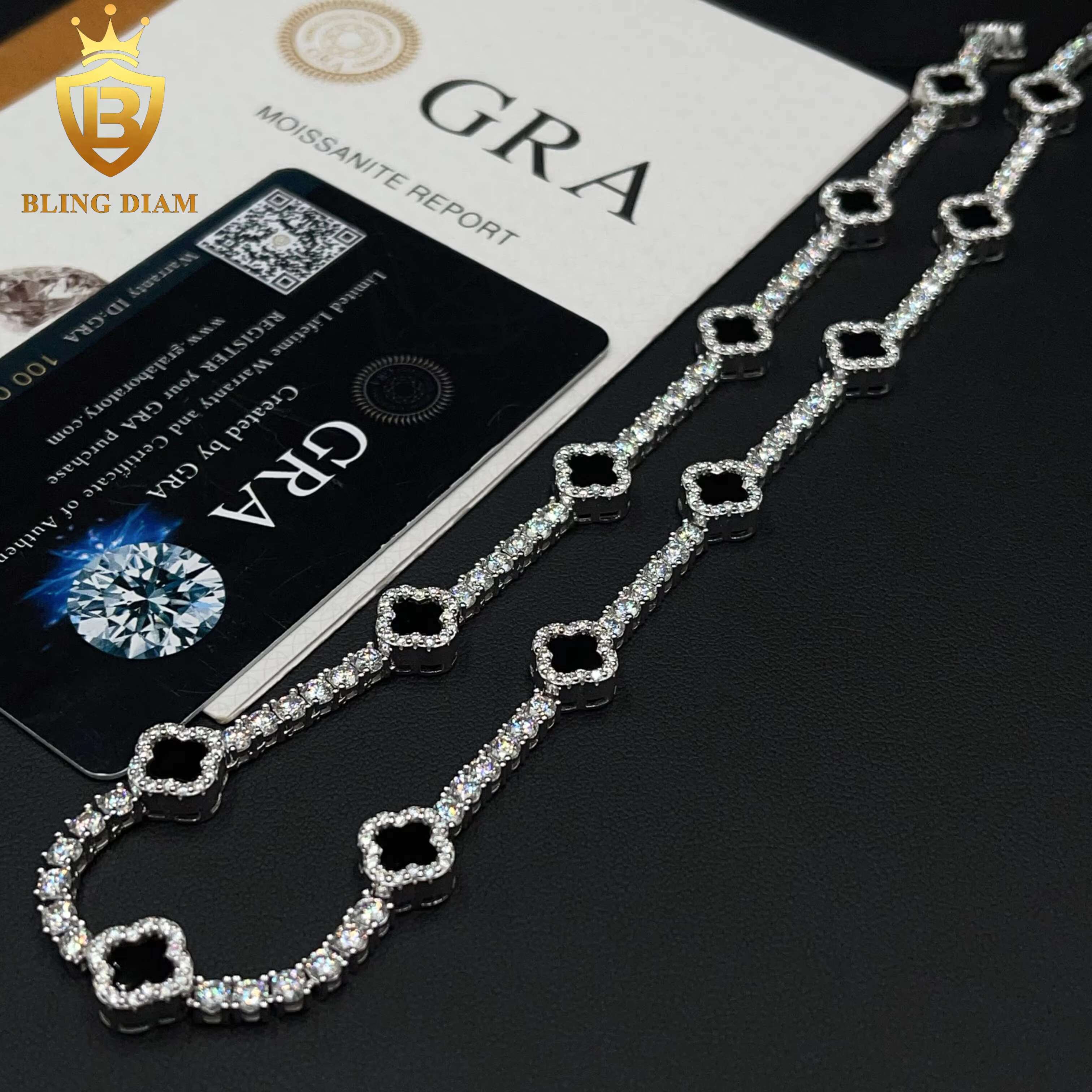 Fashion Black Clover Moissanite Tennis Chain Bracelet 925 Silver 3mm Moissanite Bracelet Pass Diamond test Hip Hop Bracelet