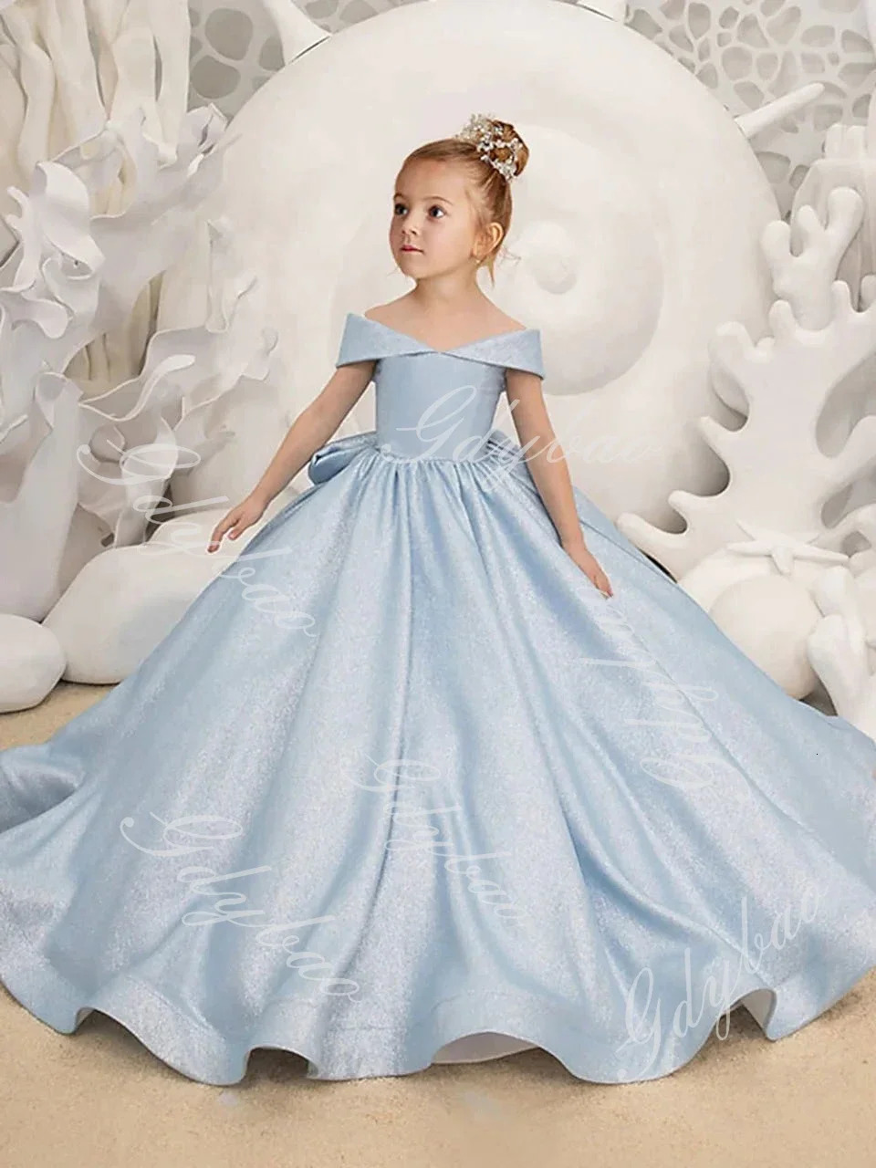 Sky Blue Flower Girl Dress Elegant Bow Shoulder Princess Satin Ball Dress Childrens Birthday Party First Party Dress 250403
