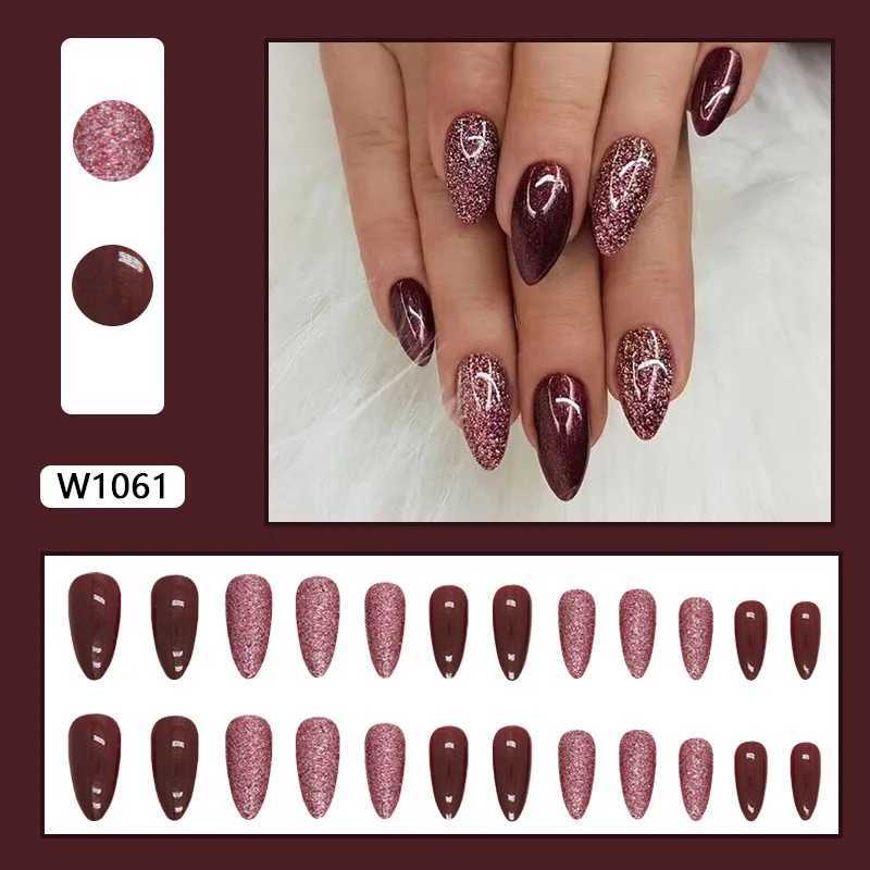 24 pieces of cherry red glitter pressed on nails pink gradient fake nails smooth artificial fingers reusable female fake nails W250410