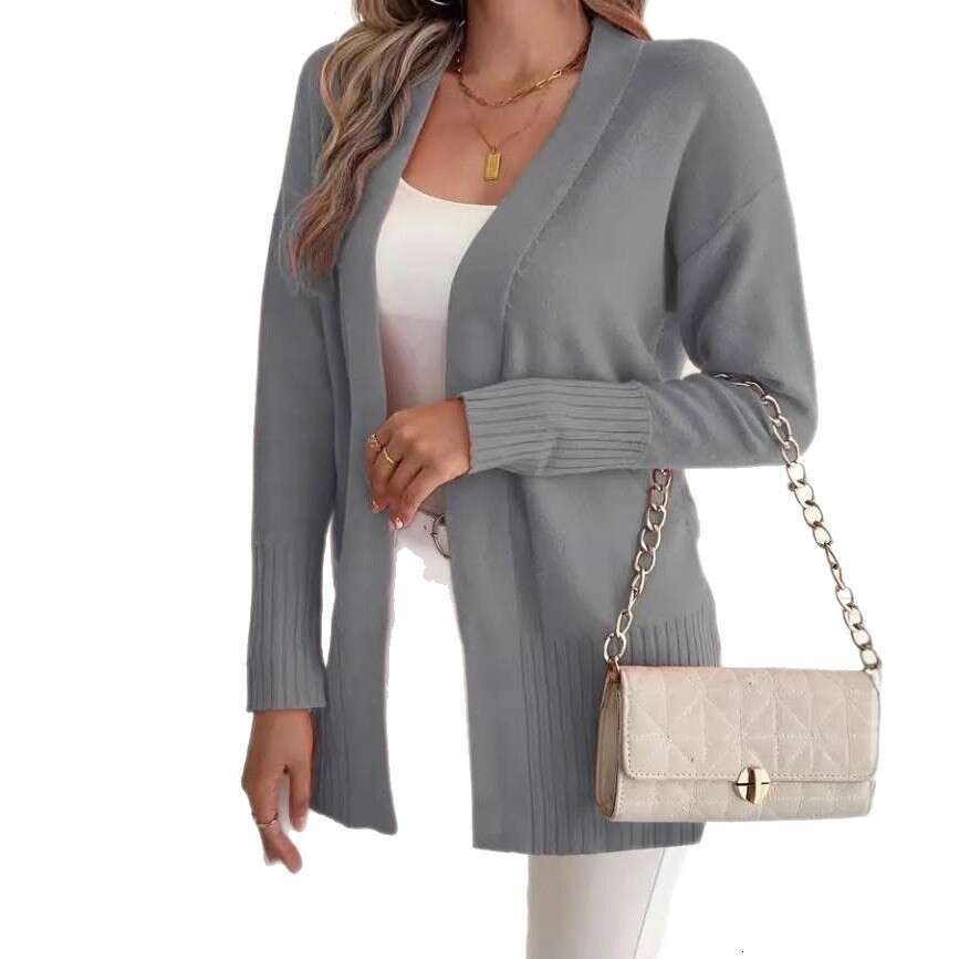 Foreign Trade Cross-Border Plus Size Women's Knitted Cardigan European and American Style Casual Simple Elegant with Pockets Shawl Sweater for Wo