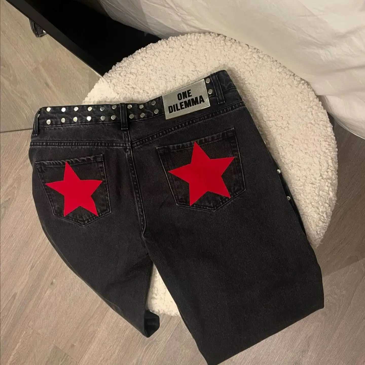 ONE DILEMMA Women Y2K Vintage Jeans Star Pattern Metal Rivet Jeans Female Baggy Casual Straight Leg Denim Pants Women Clothing C251110